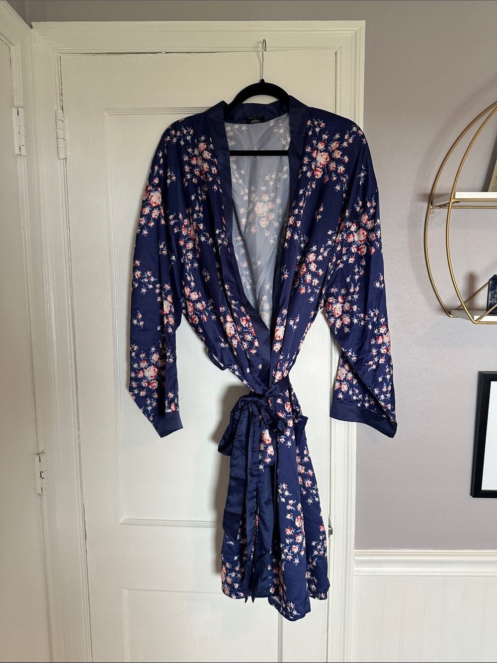 Morgan Lane Navy Floral Satin Wrap Robe with Belt